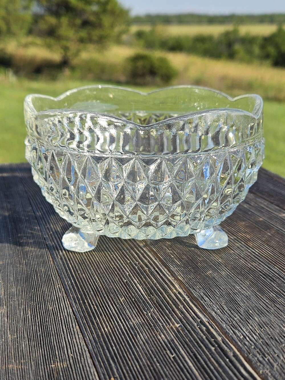 Vtg Indiana Glass Diamond Point Clear Candy Bowl 3 Footed Scalloped Rim 5"